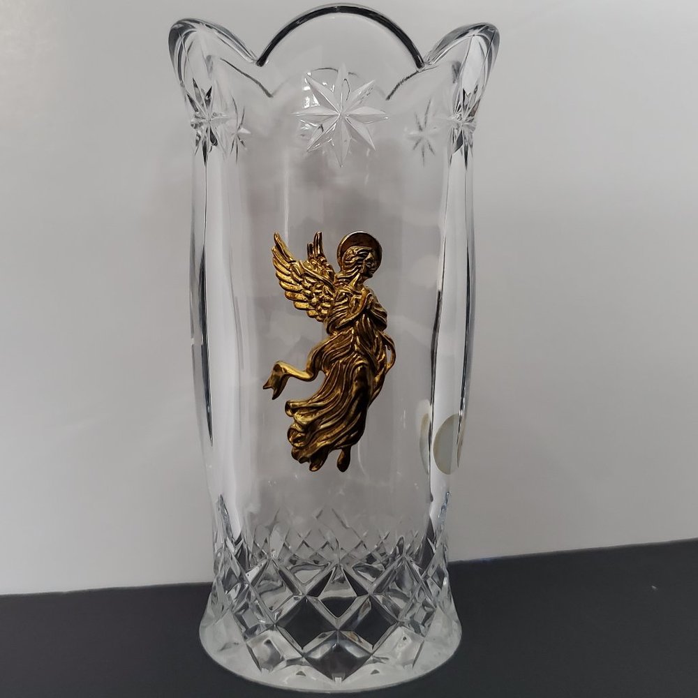 VTG Teleflora Fine Bohemian Hurricane Lead Crystal Cut Glass Gold Angel Applique